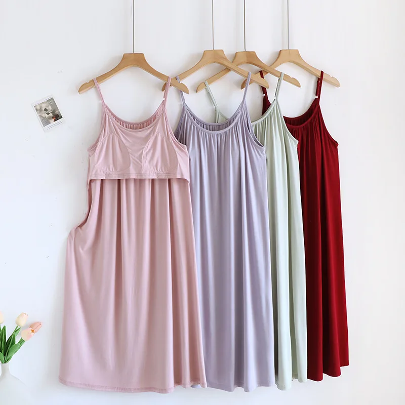 Modal Women's Nightgown Summer Sleepwear One Piece Dress Chest Cup Sleeveless Pajamas Night Dress Woman Night Wear Female
