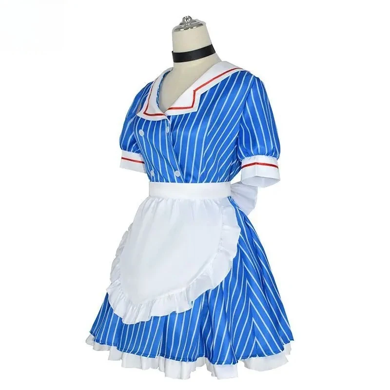 Uniforme de Cosplay de Sirvienta de Anime - Conjunto de Vestido y Delantal con Rayas Azules, Atuendo de Personaje de Sirvienta Dulce para Eventos de Anime y Fiestas Temáticas