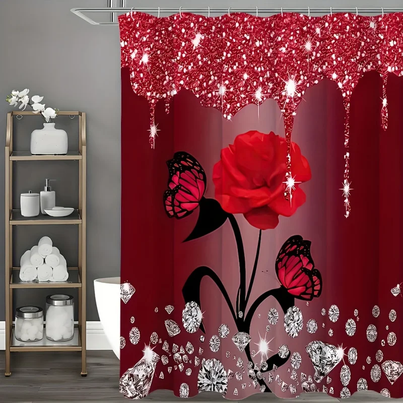 Chic Red Diamond Butterfly & Rose Shower Curtain Set - Waterproof, Includes Hooks, Machine Washable - Perfect for All Seasons Ba