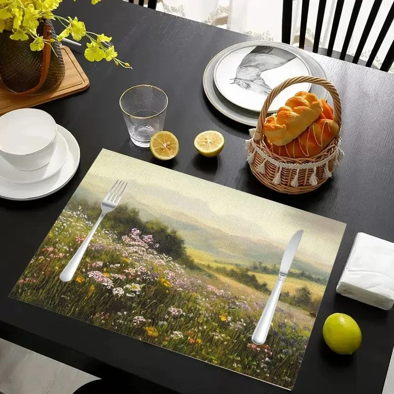 VIKAMA Placemat Oil Painting Floral Print, Waterproof Oil-Proof Heat-Resistant Woven Dining Table Mat for Home