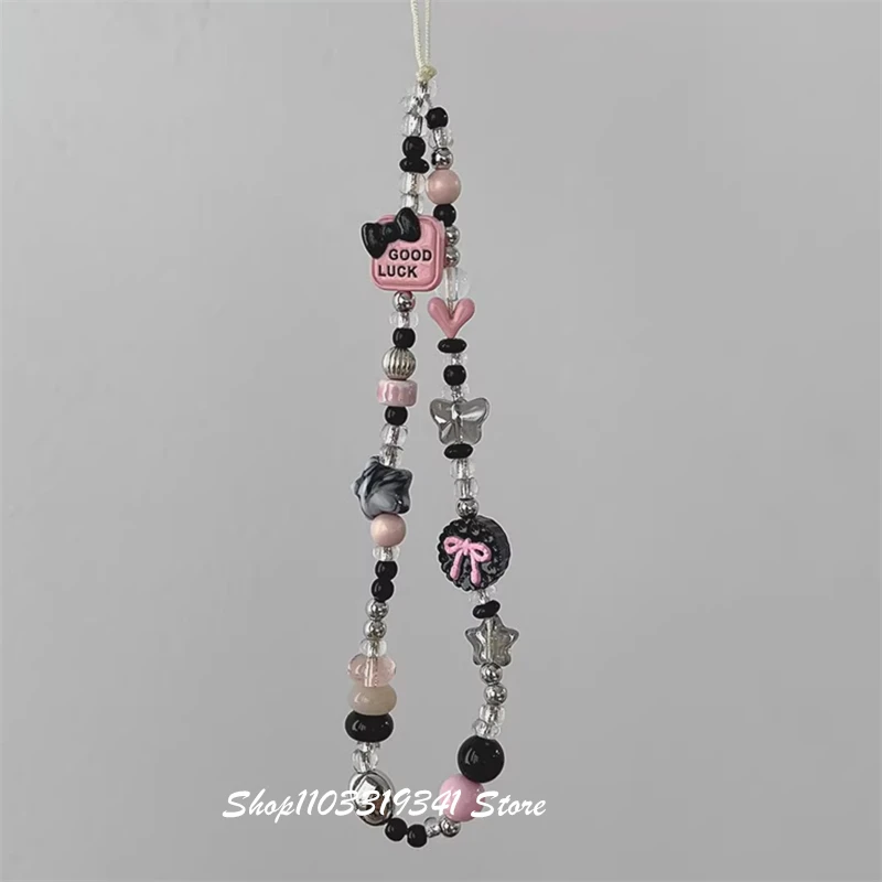 Korean Y2K Cute Pink Bow Black Star Beaded Phone Chain Charm Lanyard For iPhone Samsung Universal Anti-Loss Hanging Rope Jewelry