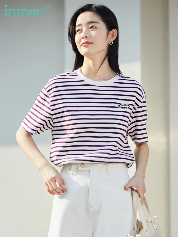 INMAN Summer Women\'s T-shirt Short Sleeve Woman Clothes Stripe Casual Top Women Round Collar Fashion Woman Blouses Ropa Mujer