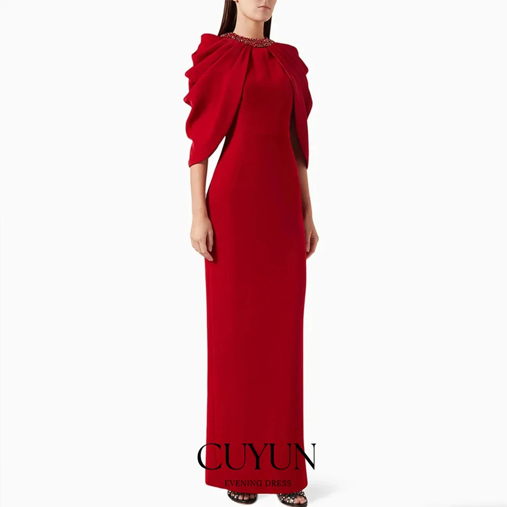 فستان حفلة موسيقية أحمر من CUYUN مع كيب مخصص بأحجار كريستال غمد خلفي سبليت للمرأة العربية السعودية ثوب مسائي #1