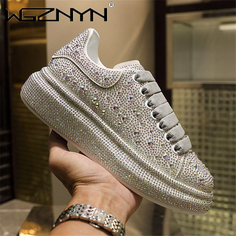 WGZNYN 2023 New Fashion Women Shoes Luxury Sports Shoes Women Designers Leather Shoes Silver Rhinestone Crystal Sneakers Tide