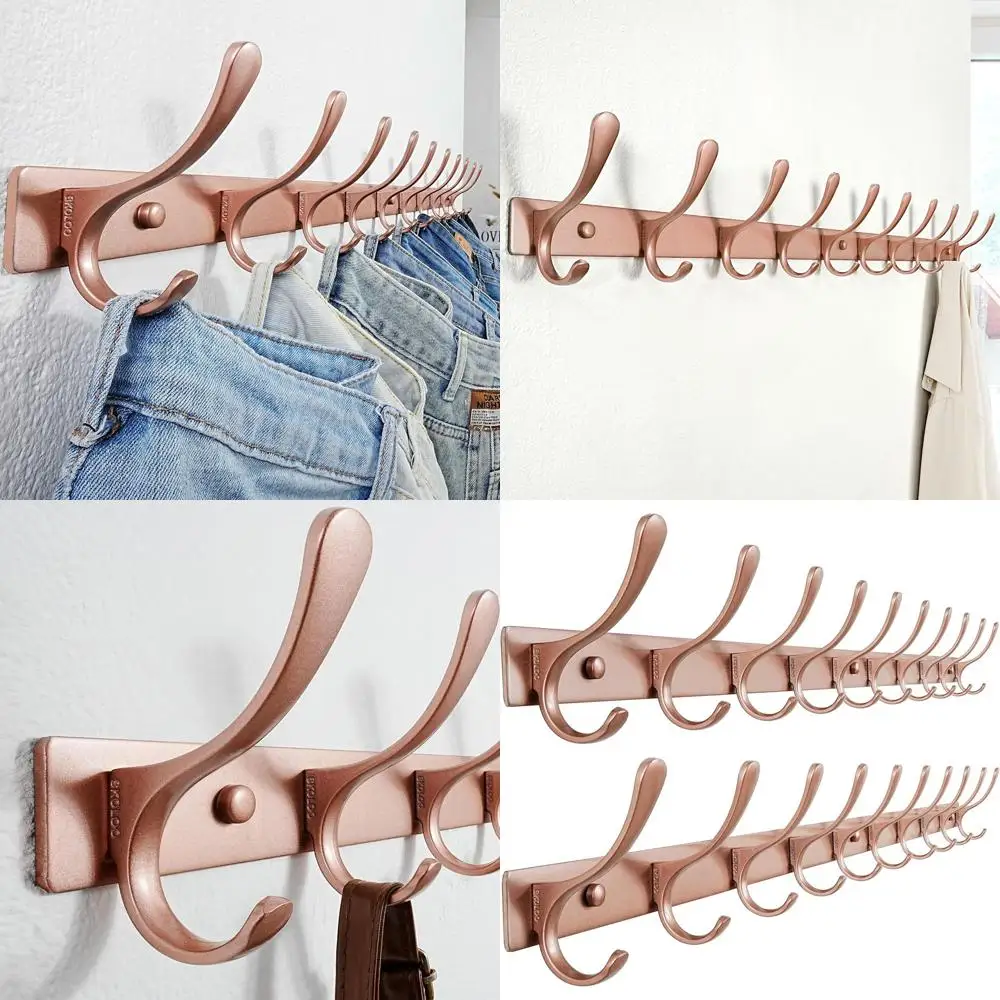 

Double Pack Wall-Mounted Coat Rack with 10 Hooks, Heavy-Duty Stainless Steel, Matte Rose Gold Finish for Hanging Garments