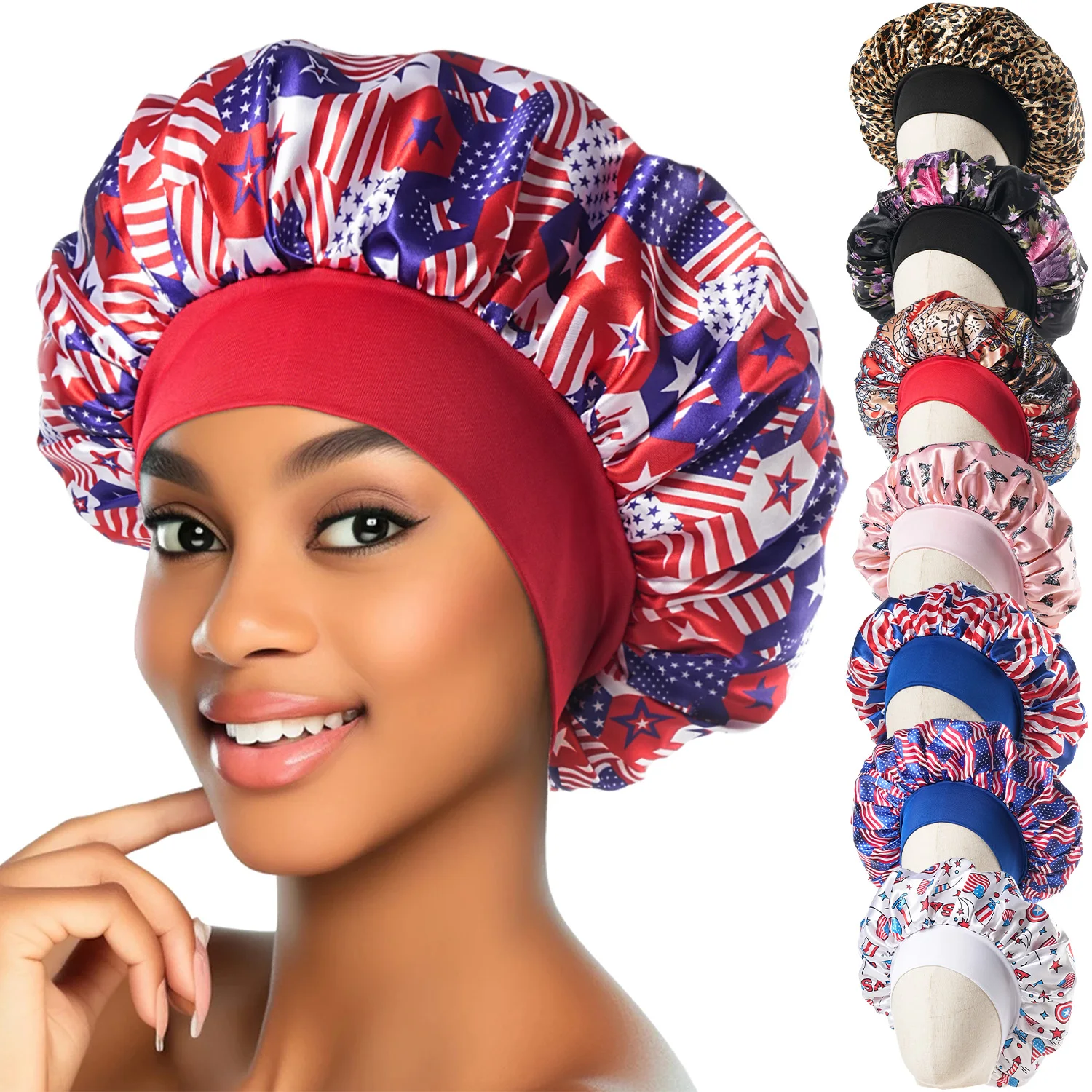 New Women Printed Satin Bonnet Cap Elastic Wide Band Night Sleep Hat Head Wrap Curly Springy Hair Chemo Cap Care Hat