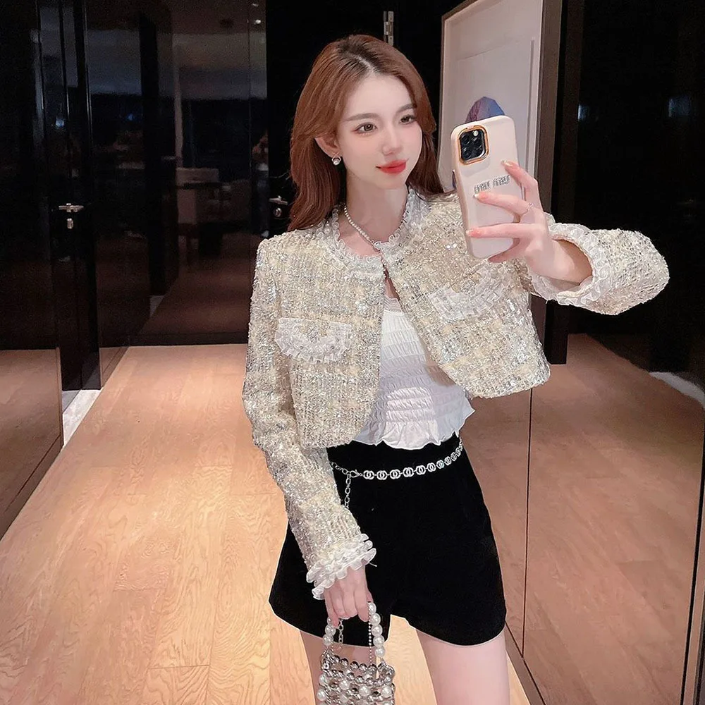 Korean Chic Vintage Tweed Jackets For Women Cropped Coat Elegant Office Lady Fashion Pearl Outerwear 2023 Autumn New Elegant Top