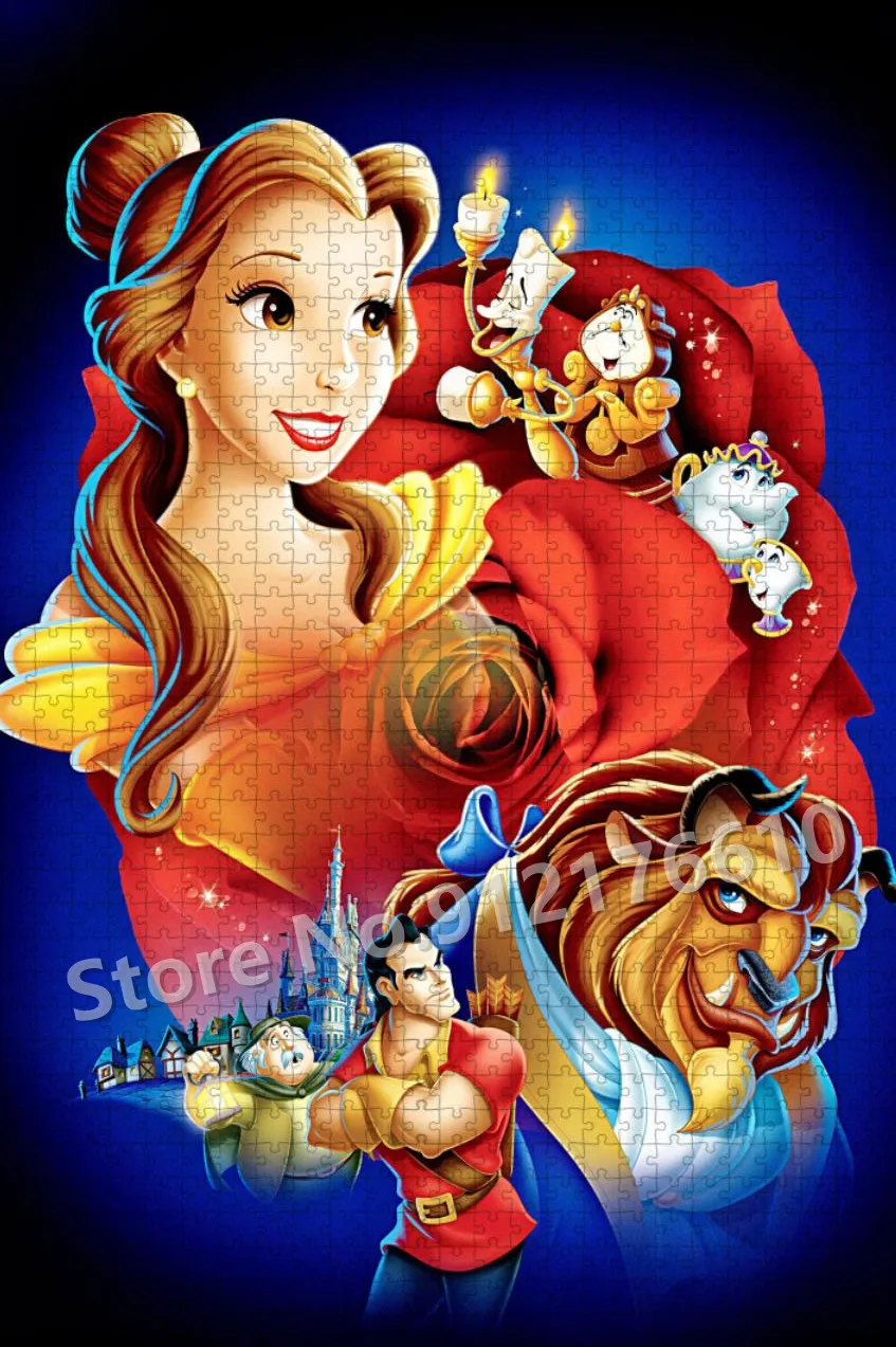 300/500/1000 Pieces Puzzle Wooden Disney Cartoon Beauty and The Beast Jigsaw Puzzle Children Early Educational Learning Toy Gift