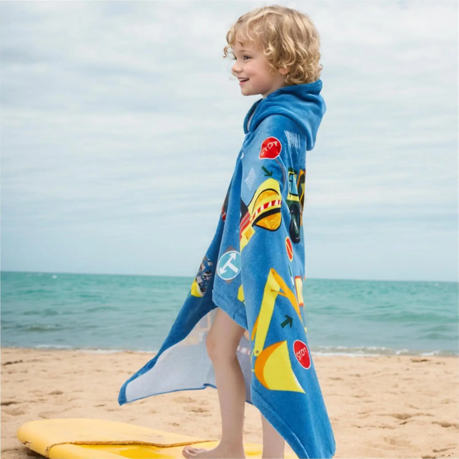 Kids Hooded Beach Towel Toddler Bath Towel Construction Vehicle Design 50x30 Inch Absorbent Soft Wrap Cover Washcloth For Boy