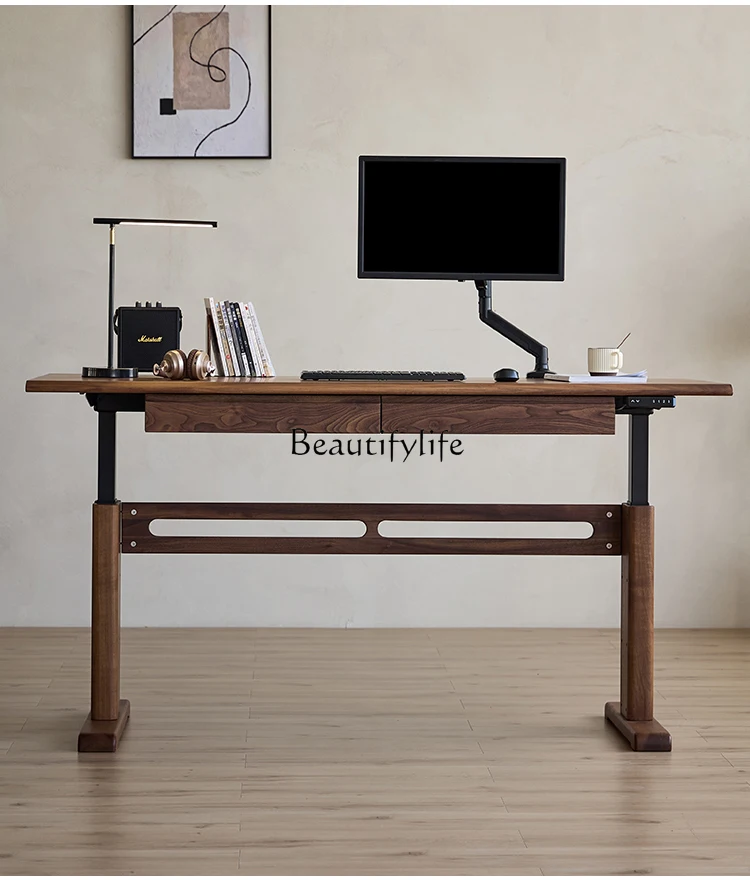

3 North American black walnut electric lifting computer desk bookshelf integrated desk
