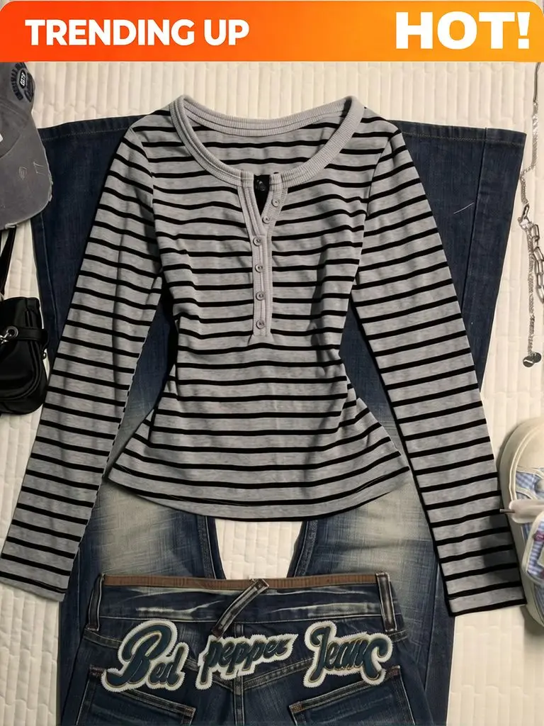 Customization Striped Long Sleeve Top Women Korean Style Vintage Slim Fit Work Wear V Neck Button Autumn Winter Base Layer T-shi