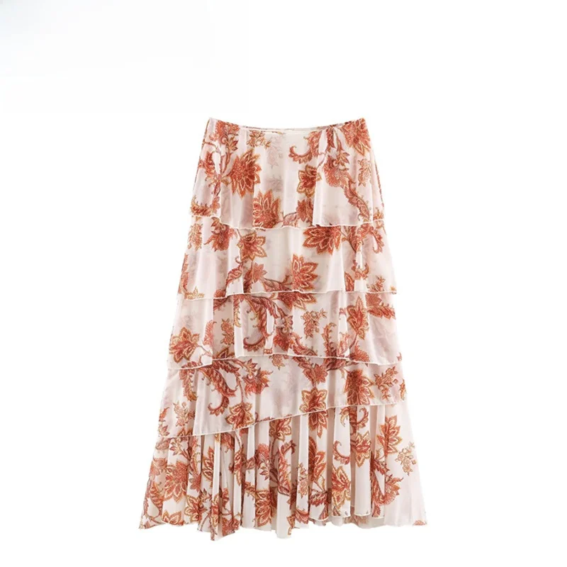 Fashionable Layered Print Skirt Elegant Decorative Women's Cake Skirt Standard Fit Polyester Fiber Printed Gored mid Waist