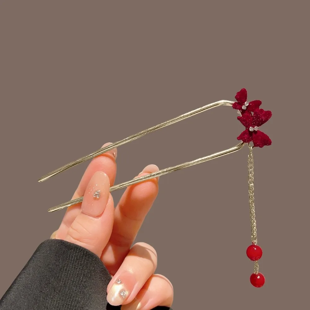 Elegant Red Velvet Tassel Hair Pin with Rhinestone & Bead Detail Butterfly/Rose Design Retro Hanfu Style Women's Hair Accessory