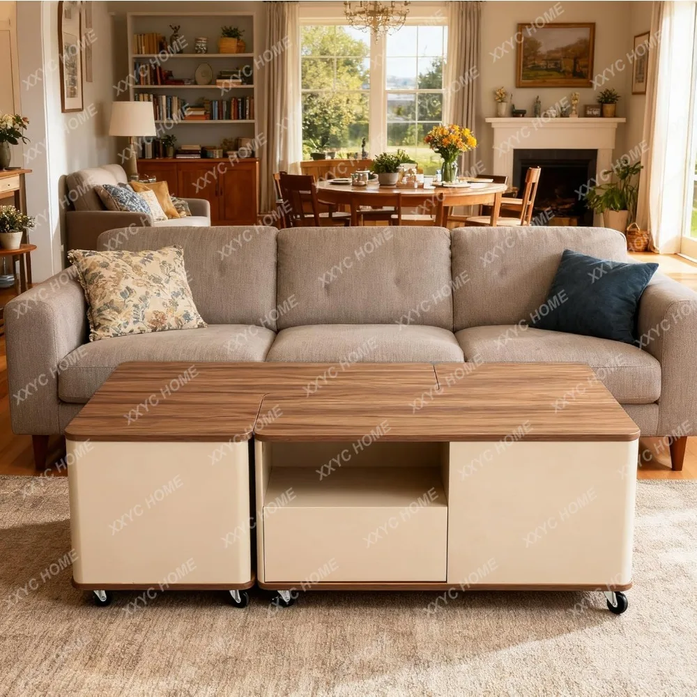 Farmhouse Coffee Tables for Living Room, Unique Coffee Table with Wheels & Storage, Wood Large Convertible Center Table