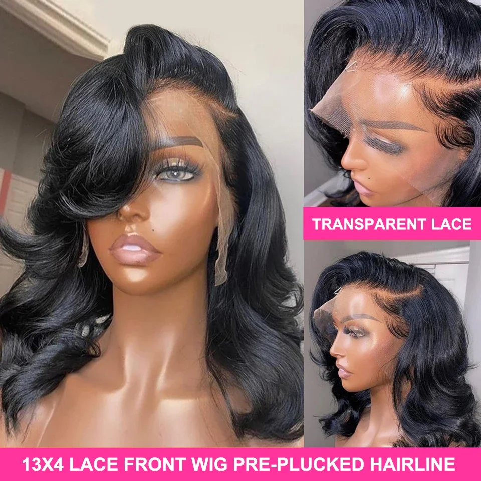 Perruque Bob Lace Front Wig Body Wave Brésilienne Naturelle, Cheveux Courts, 13x4, Pre-Plucked, 180% de Densité, pour Femme