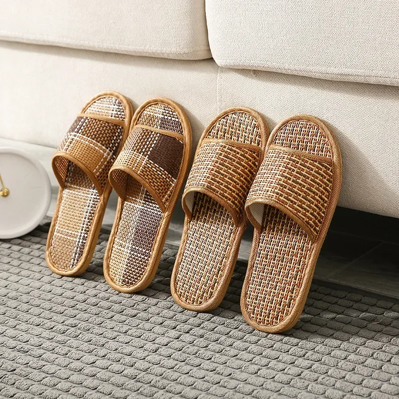 Summer Cool and Breathable Slippers for Men and Women, Rattan Grass Household Woven Sandals, Indoor Silent Bamboo Sandals