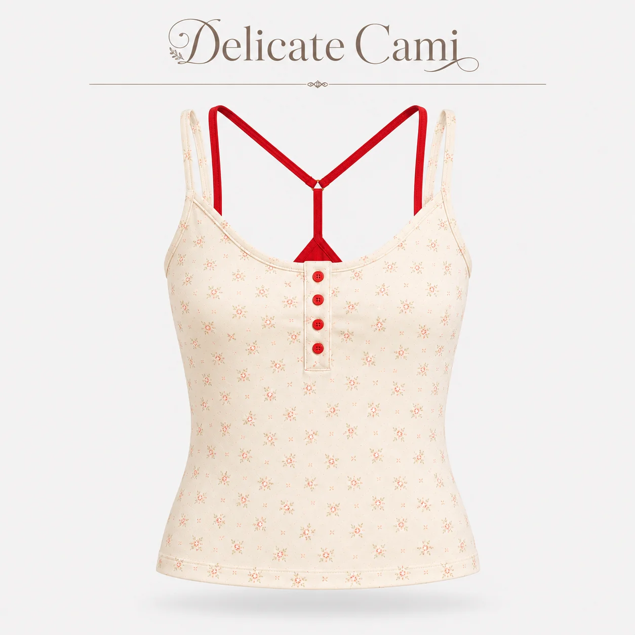 Trendy Women's Ditsy Floral Print Camisole with Y‑Back Adjustable Straps and Henley Button Detail Slim Fit Top