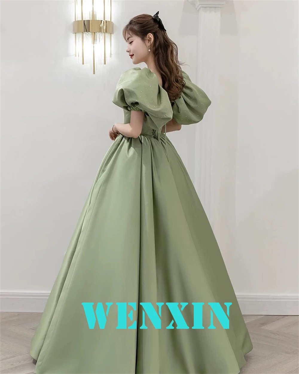 Robe De soirée en Satin vert scintillant, personnalisée, moderne, col carré, manches courtes, robes De retour, à la mode