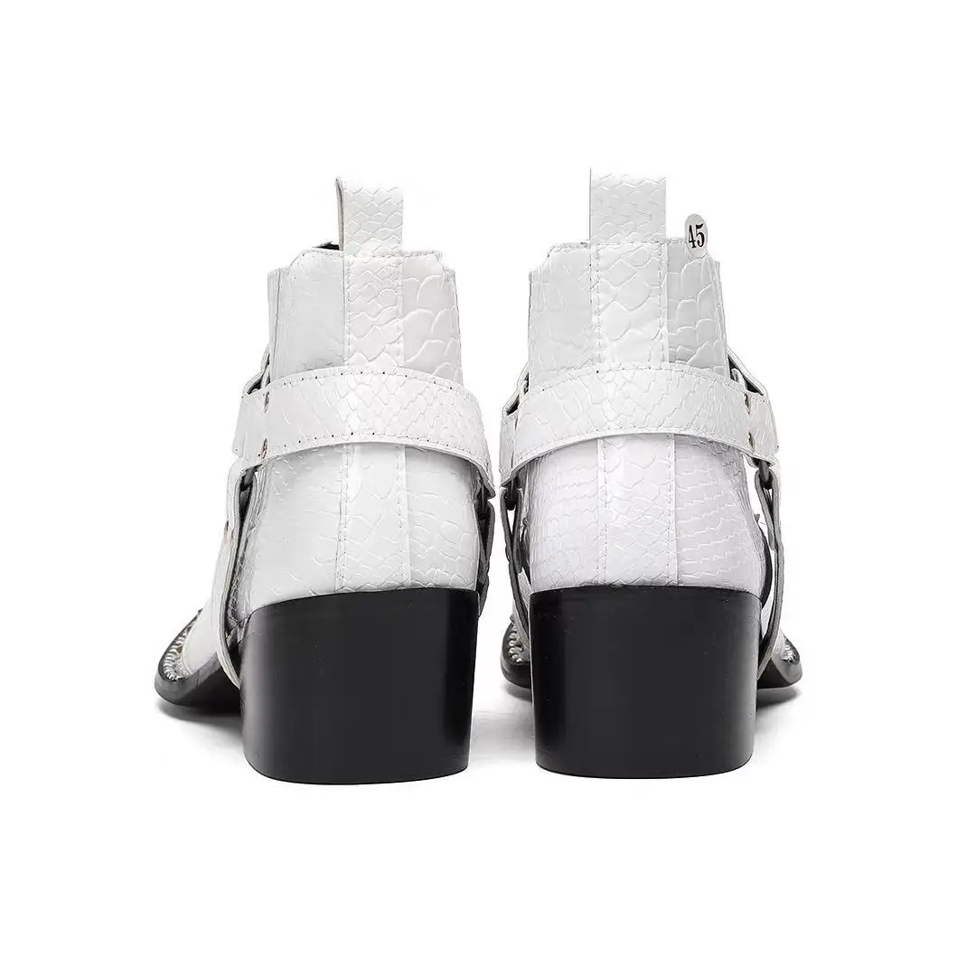 Schwarze Herren-Stiefeletten aus Schlangenleder mit Nietenbesatz, Blockabsatz, auffälliges Design, modische Schuhe für Bars, Bühnen, Streetwear und besondere Anlässe. – Detail 21