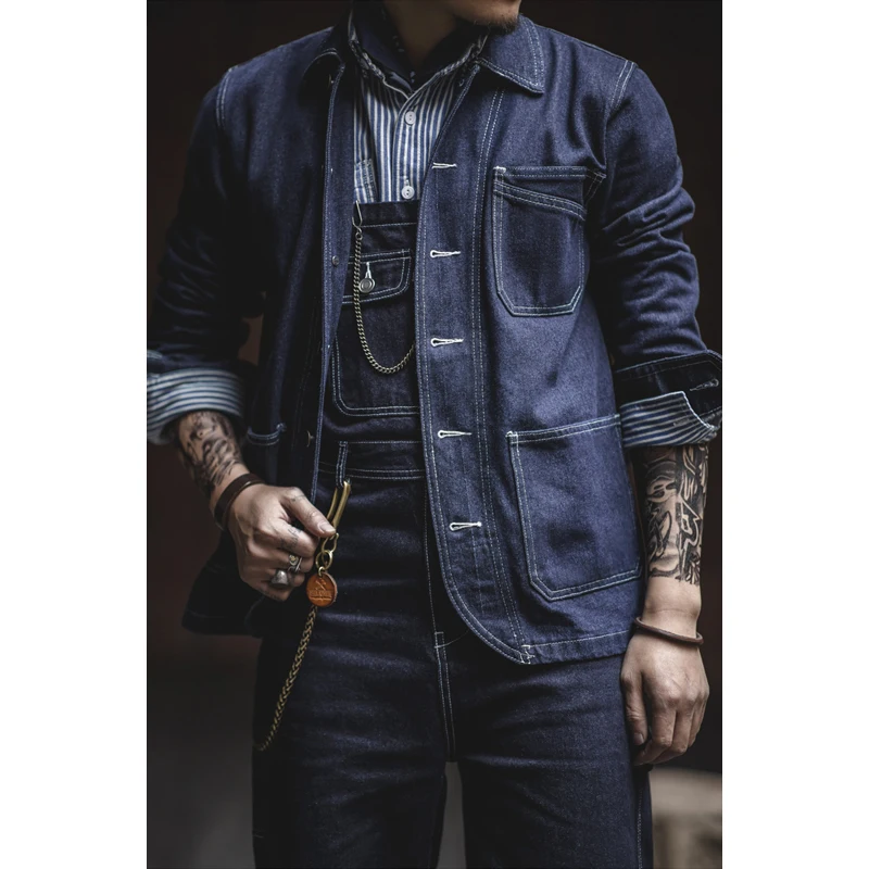 Amekaji Vintage Denim Jacket Men Lapel Multi-pocket Striped Workwear Tooling Jacket Spring Autumn New Primary Color Denim Coat