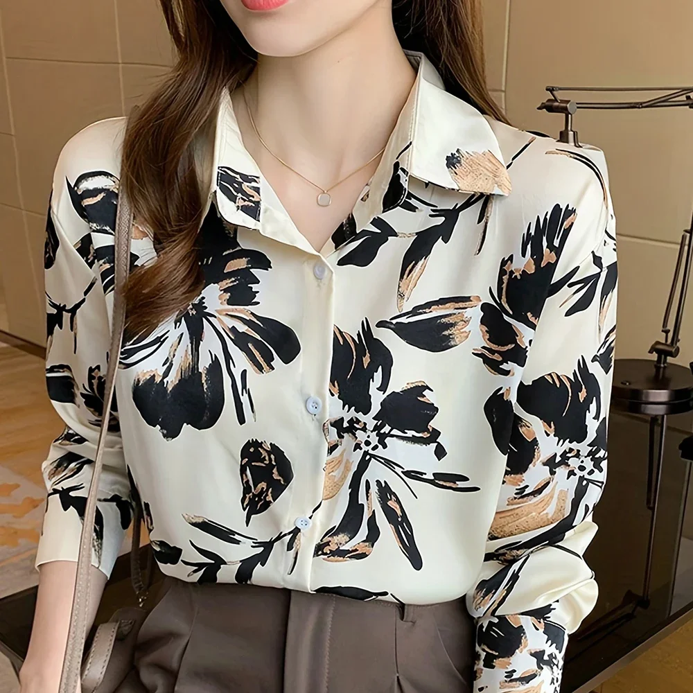 

Elegant All Over Digital Print Floral Shirt Women's Elegant Casual Long Sleeve Hawaiian Formal Shirt