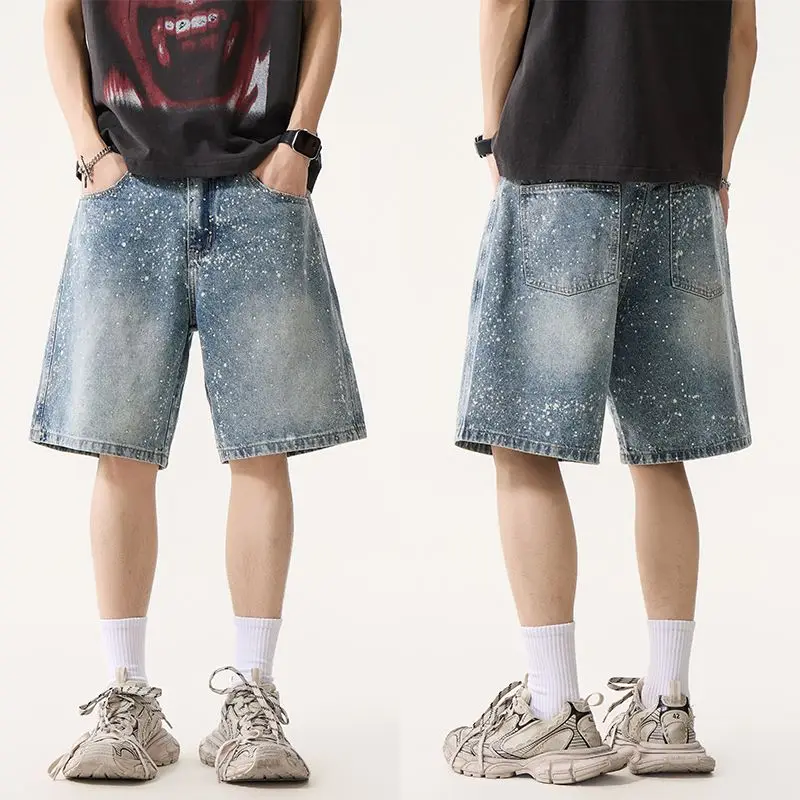 

KSTUN Vintage Japanese Street Style Men's Denim Shorts Rhinestone Embellished Splatter Print Loose Fit Casual Knee-Length Jeans
