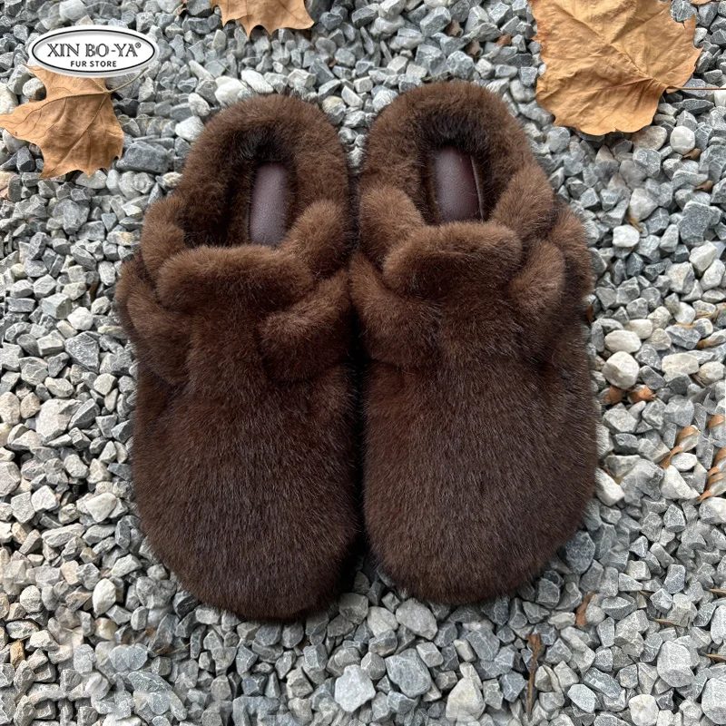Fashion Mink Faux Fur Slippers Women Winter Toe Wrap Woman Shoes Thick Soft Sole Slides Outdoor Flat Fur Slippers