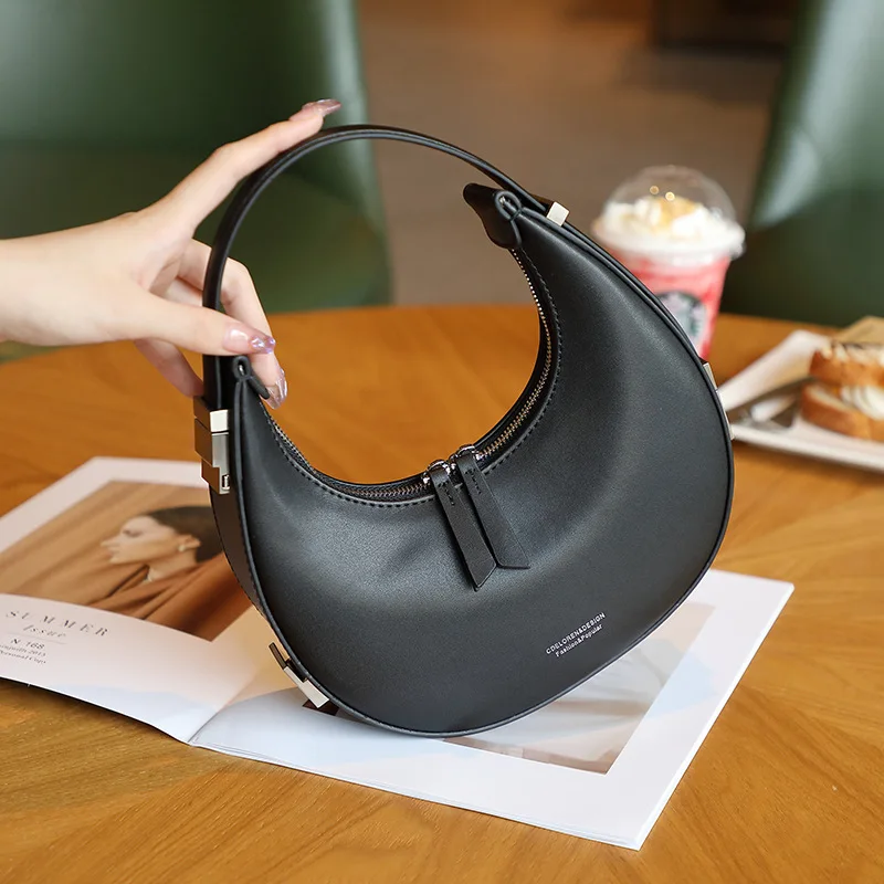 2024 Women Genuine Leather Shoulder Bags Cowhide Crescent Bag Semi-round Moon Bag