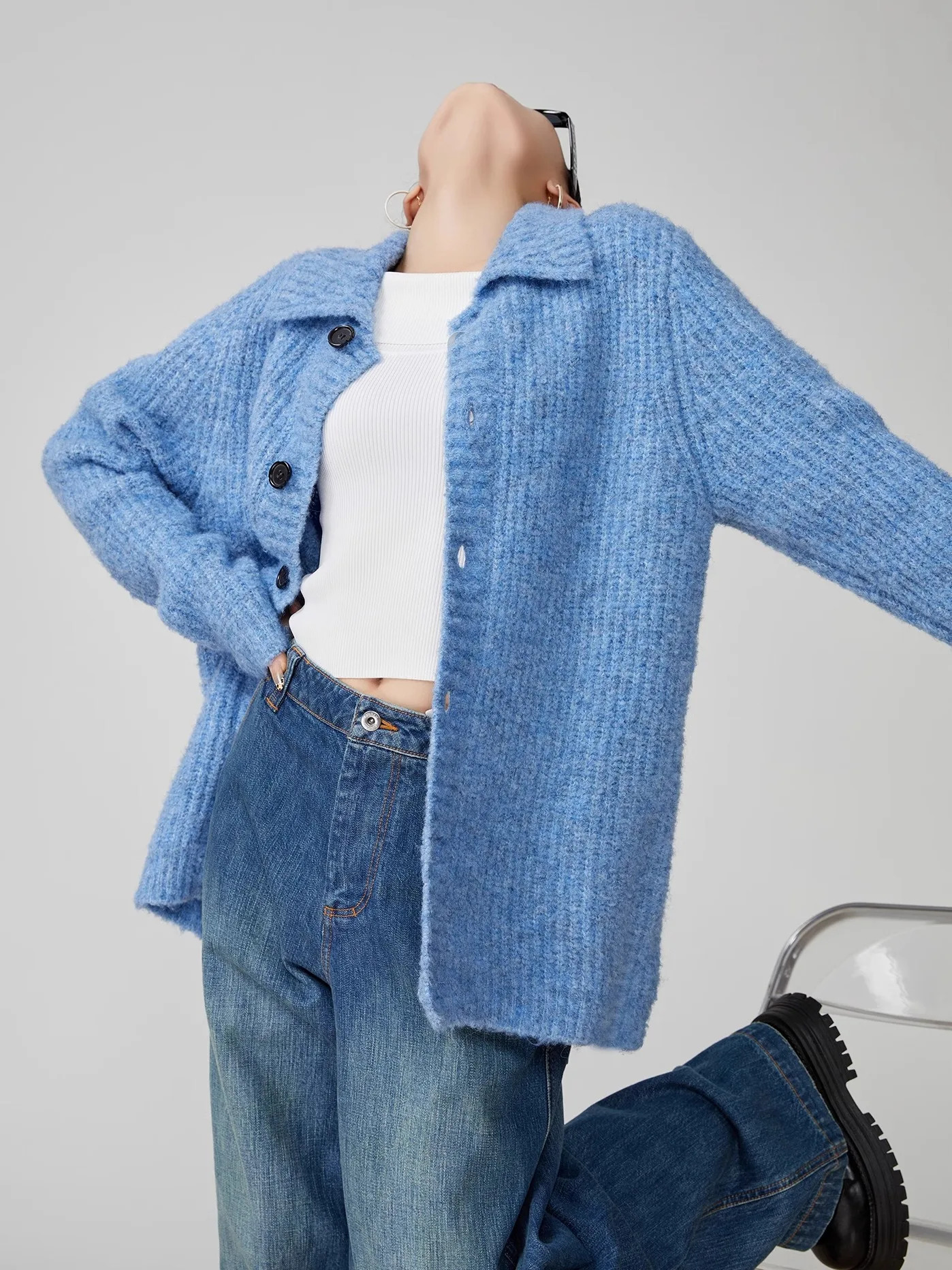 

Loose Knitted Blue Sweater Coat Women's Spring New Lazy Sle Korean Faion Stand Collar Long Sve Polyester Fiber