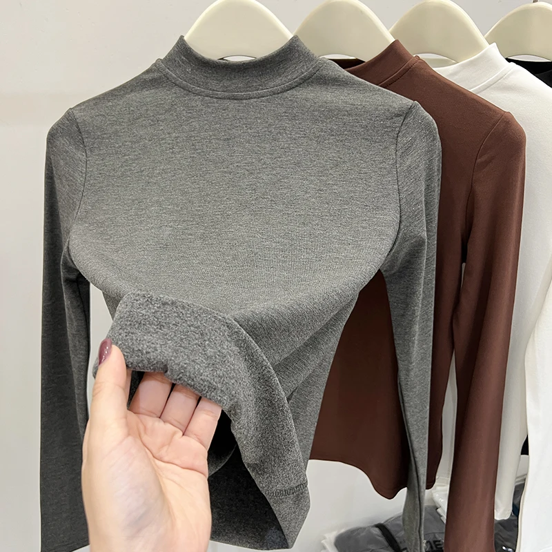 

Топы, женская футболка, осень-зима 2025 г., базовые высококачественные элегантные тонкие водолазки на флисовой подкладке с длинными рукавами, толстые теплые футболки