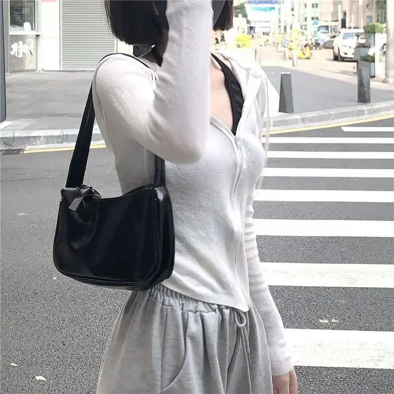 Xiuya Fashion Simple Womens Shoulder Bag Soft Leather Casual Solid Color Designer Handbag Daily Harajuku Style Female Armpit Bag