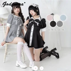 Japanese Sweet Big Bow Tie Bubble Short Sleeve Rhienstone Button Shirt Dress Top and Shorts Suit Summer Women's Lolita Outfits