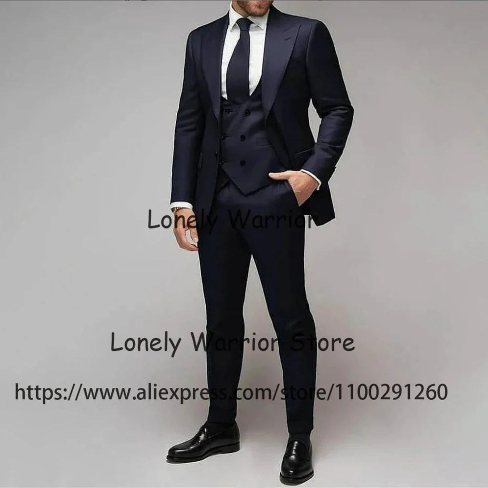 

Navy Blue Suits For Men Slim Fit Peak Lapel Business Blazer Wedding Groom Tuxedo 3 Piece Set Terno Masculino Jacket Vest Pants