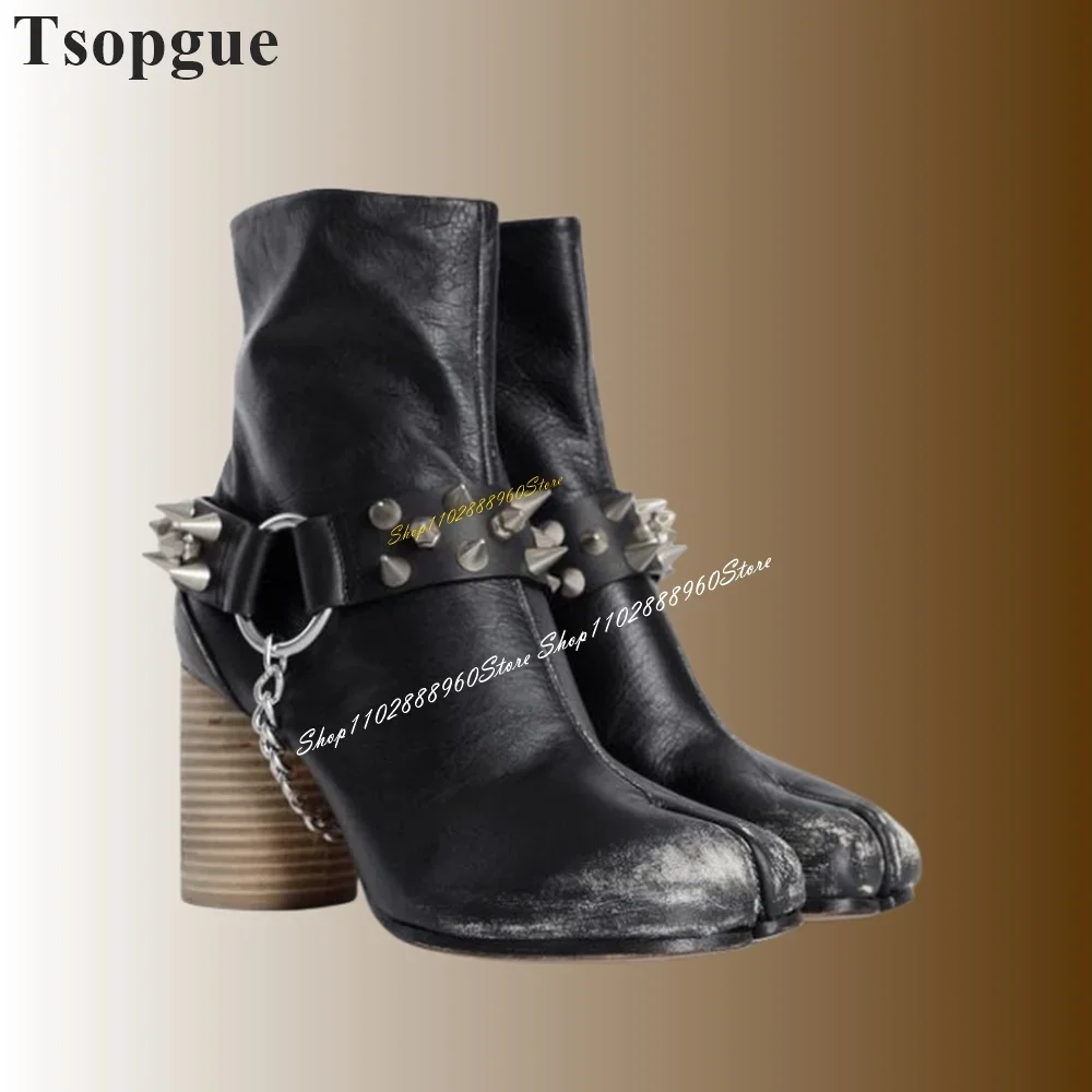 Botines Tabi con correa de cadena de Metal negro Para Mujer, Zapatos de tacón alto grueso con punta abierta, Zapatos de moda Para Mujer 2024