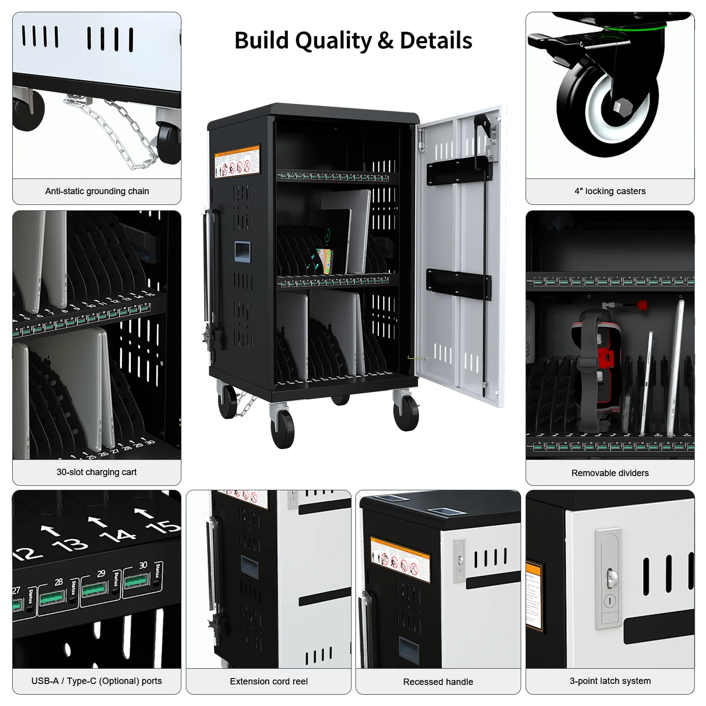 30 Port USB-A Tablet Charging Cabinet Cold Rolled Steel Mobile Charging Cart for School Office Hotel Centralized Device Charging
