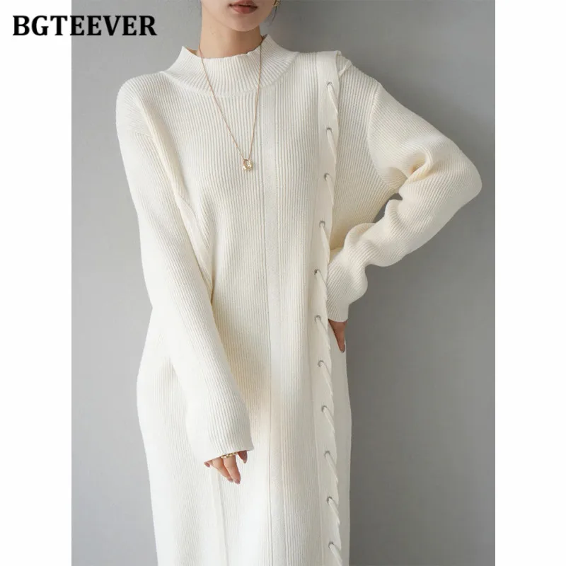 BGTEEVER Autumn Winter Loose Split Female Knitted Dress Stylish Long Sleeve O-neck Straight Sweater Dress Women