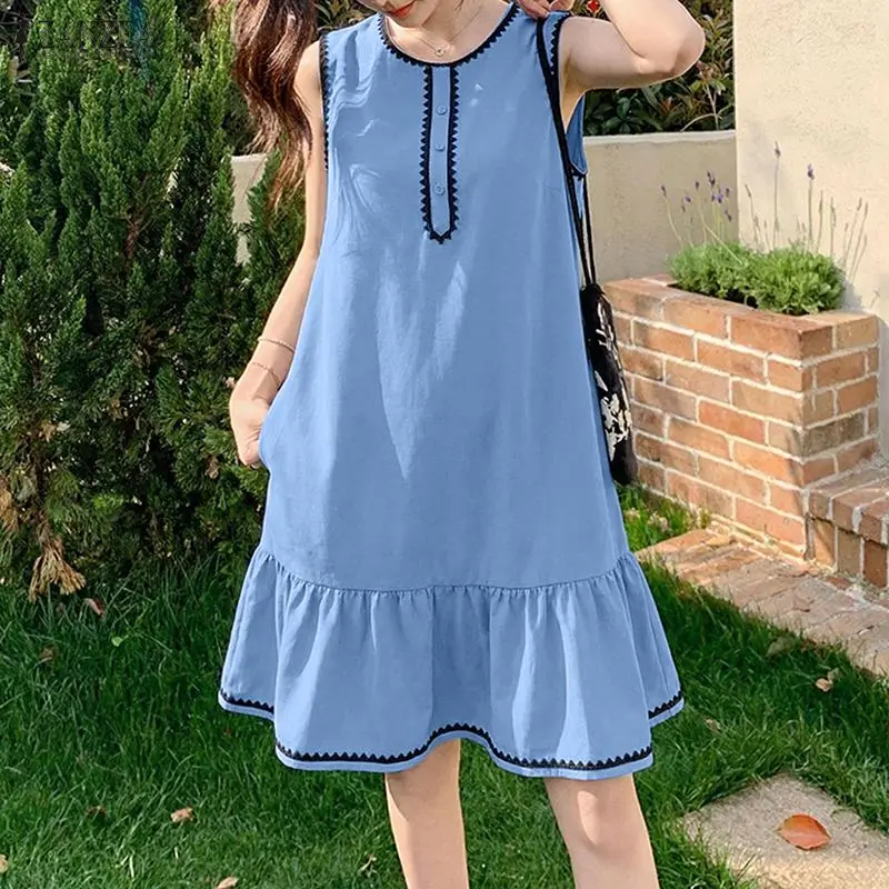 2026 ZANZEA Damen Sommer Ärmelloses Strandkleid Elegantes Lässiges Urlaubskleid O-Ausschnitt Patchwork-Kleid mit Rüschen Arbeitskleidung Vestido