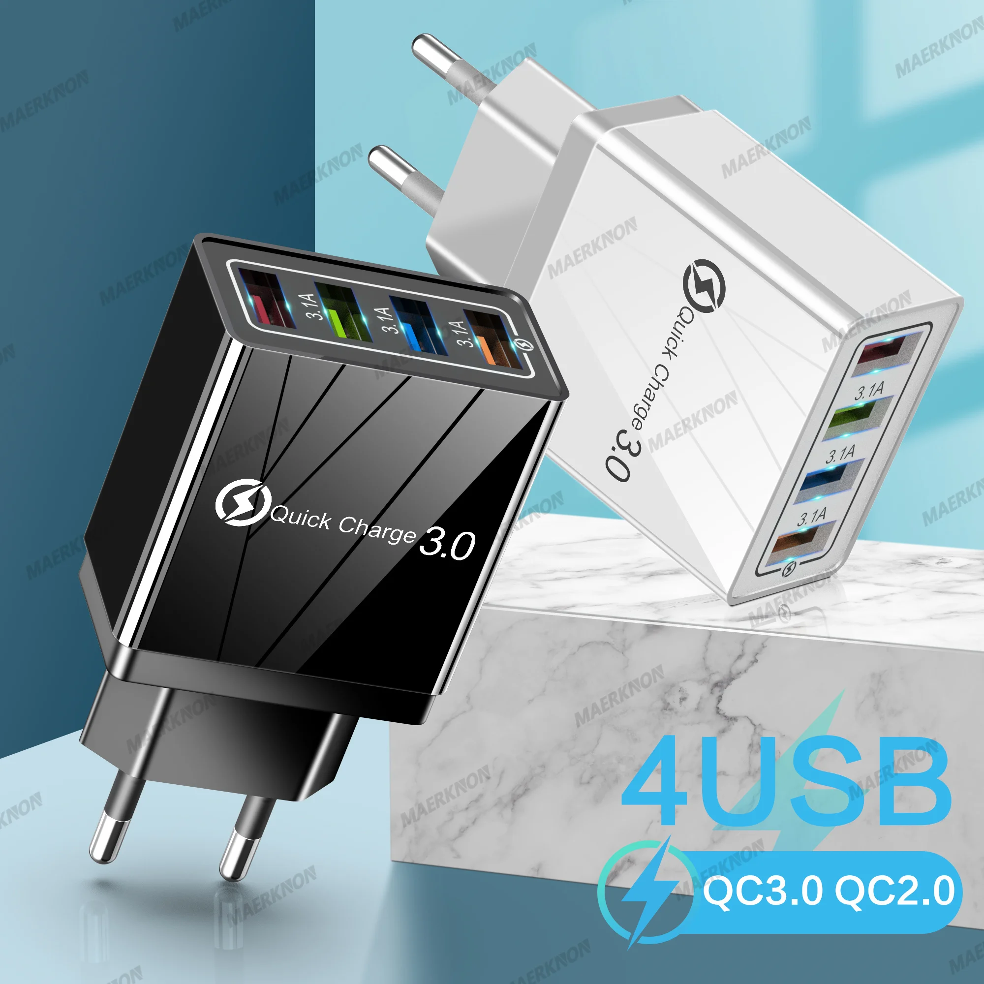 4 منافذ شاحن USB شحن سريع 3.0 آيفون 14 سامسونج شاومي أقراص الهاتف المحمول مهايئ شاحن الاتحاد الأوروبي/الولايات المتحدة التوصيل شحن سريع #1