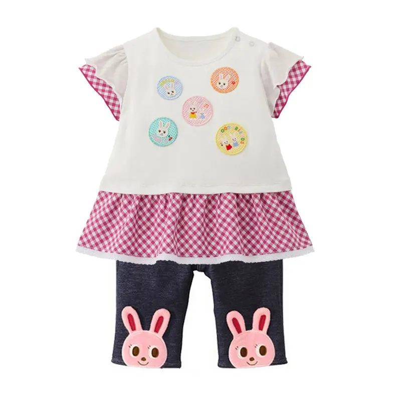 New Summer Korean Style Girls' Cute Cartoon Bunny Embroidery Patchwork Colorblock Short Sleeve T-Shirt Dress Top, Casual