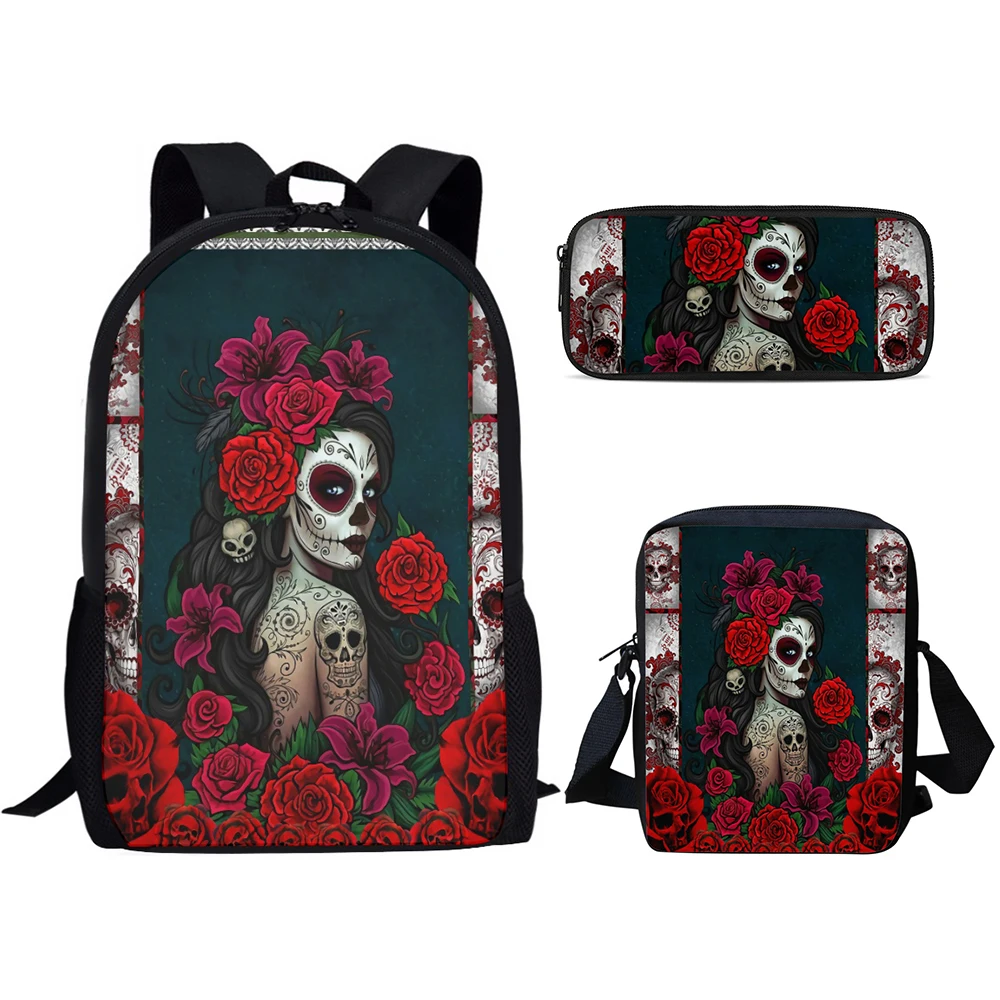 

Children School Bags for Kids Gothic Sugar Skull Girls Print Bookbag Orthopedic School Backpack Mini Crossbody Bags Pencil Box