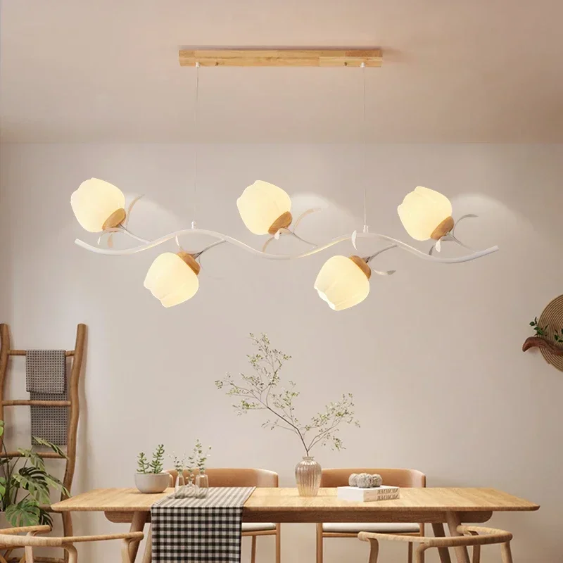

Nordic LED Wooden Pendant Lights Flower Chandelier for Bedroom Living Room Restaurant French Garden White Chandelier