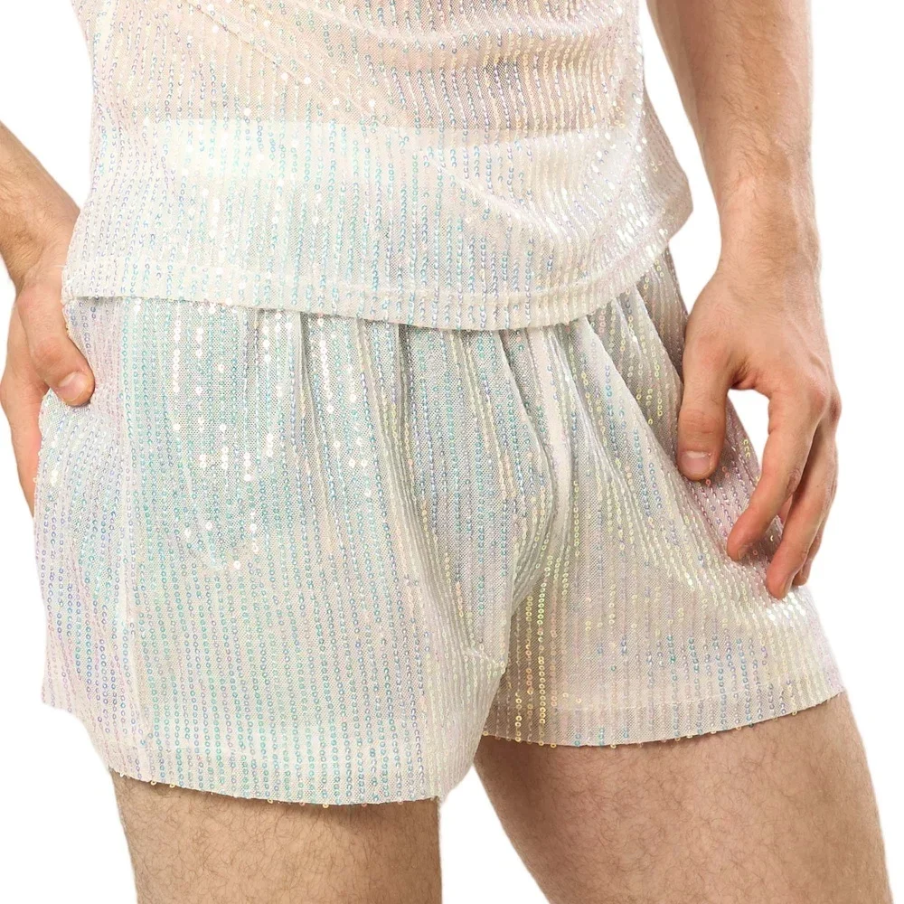 Elastic Waist Shiny Sequin Men Short Pants Night Party Performance Stage Dance Bottoms Casual Loose Solid Color Stylish Shorts