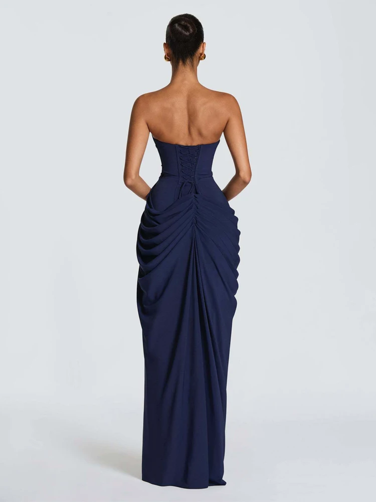 Elegant Solid Pleated Strapless Maxi Dress Yellow Off-shoulder Backless High Waist Split Robe 2026 New Lady Evening Party Gown image 5