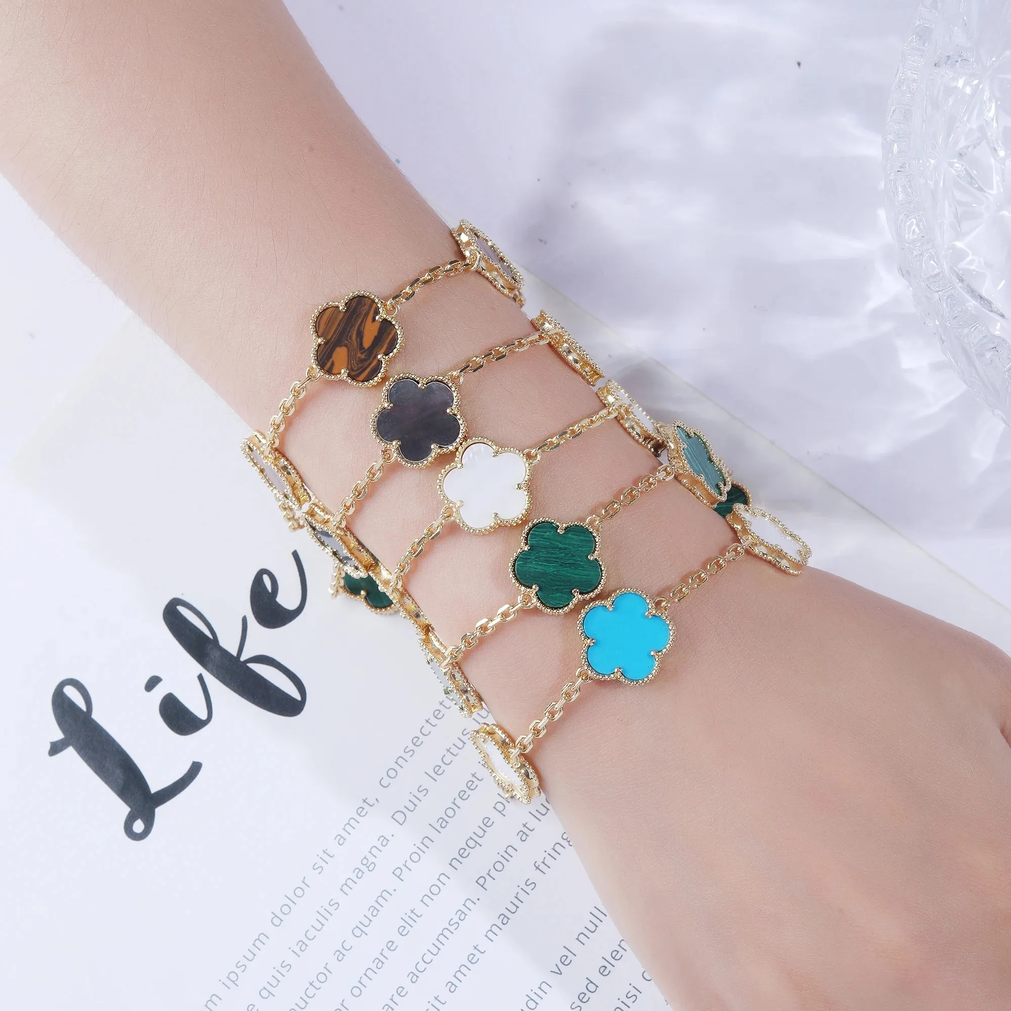 INS hot classic 15mm natural stone five-leaf flower bracelet necklace Fashion women's jewelry daily wear shamrock