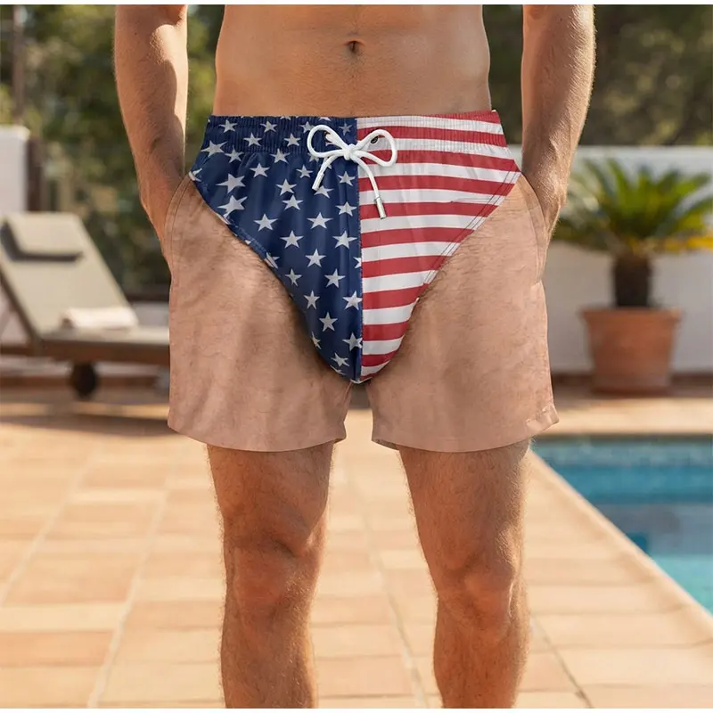 Men's USA Pattern Surfing Boyshort Quick-drying Hairy Leg Printed Beach Swimming Trunks American Flag Holiday Pool Party Pants