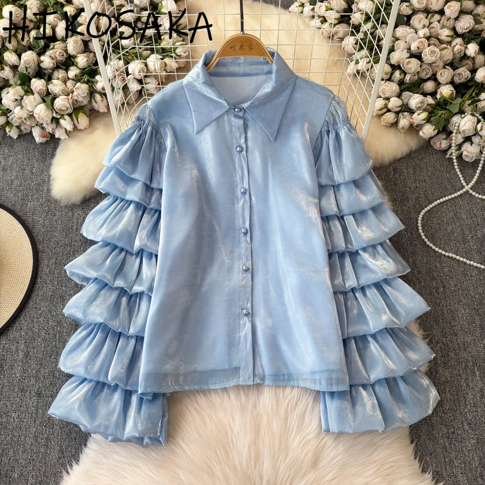 

Fashion Pleated Cascading Ruffles Long Sleeve Blouse Women Single Breasted Turn-down Collar Shirts 2025 Spring Summer Chic Blusa
