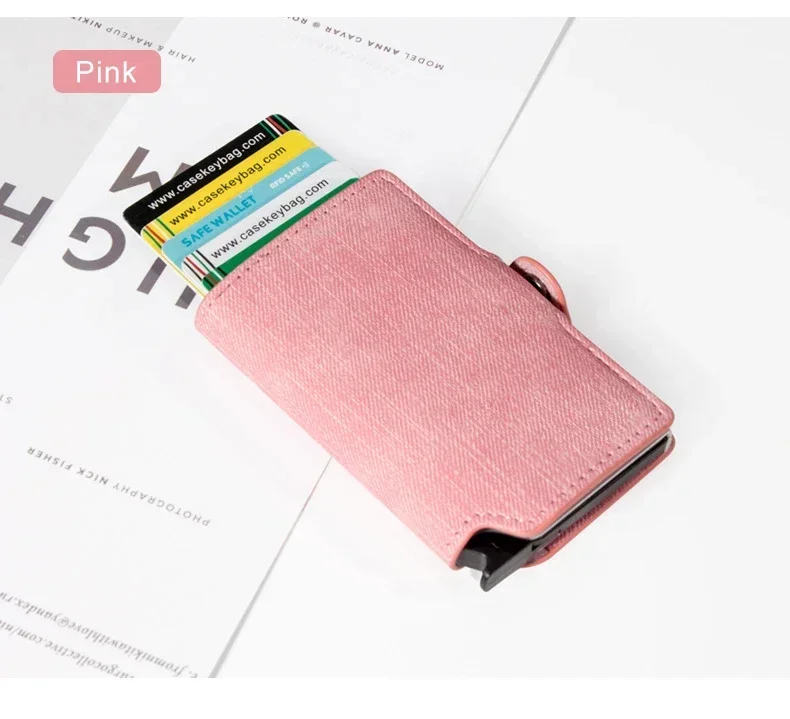 Damen Rosa Geldbörse Schlankes Minimalistisches PU-Leder Automatisches Pop-Up-Portemonnaie Geldklammer RFID Aluminium Kreditkartenhalter für Frauen Männer – Detail 12