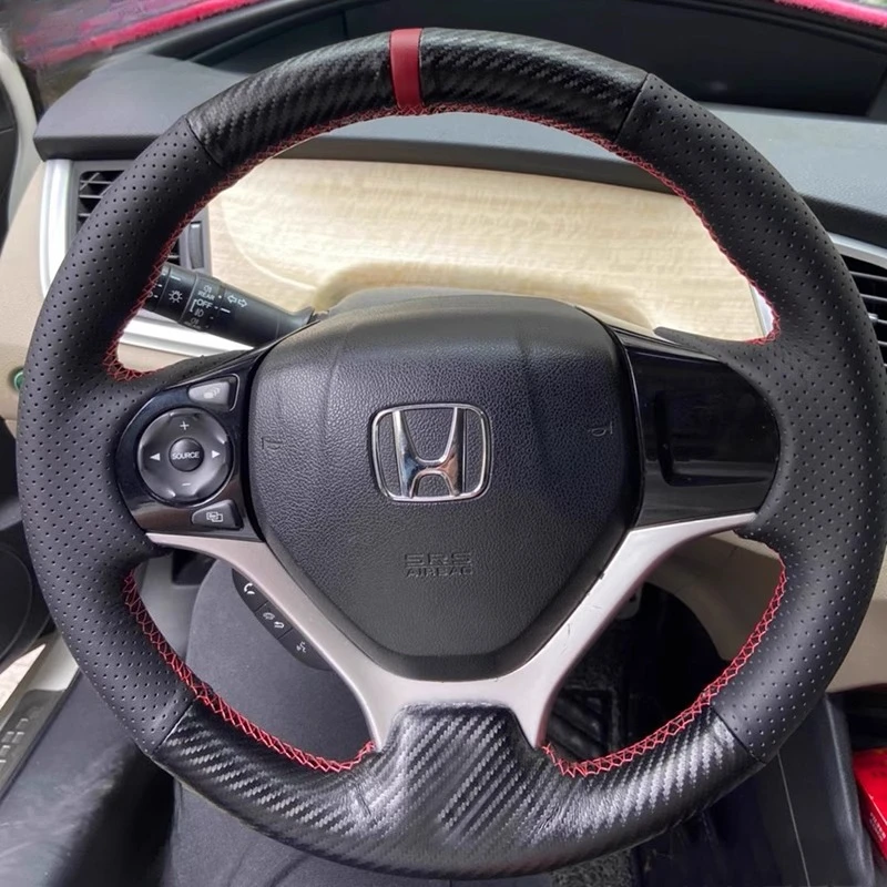 

Для Honda Civic 9 2012-2015 ручная прошивка из черного углеродного волокна, нескользящий чехол на руль автомобиля из натуральной кожи