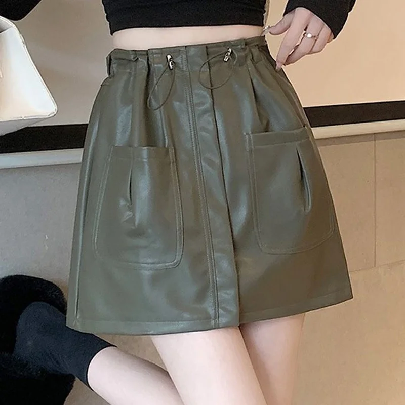 Young Style Streetwear Women Clothing Young Style Streetwear Casual Fashion Loose Solid Color Drawstring Patchwork Pocket Skirts