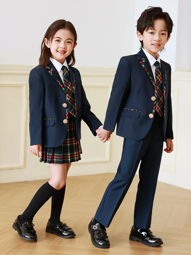 

High Quality Kids British School Uniform Set - Girls Korean Jacket & Plaid Skirts Boys Blazer & Pants - Student Clothes Suits